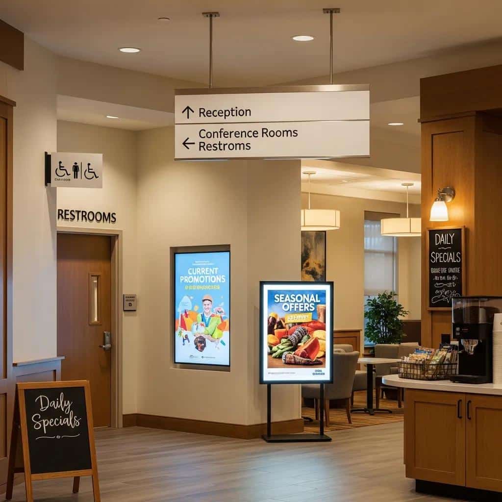 Interior space with diverse indoor signage enhancing customer navigation and experience