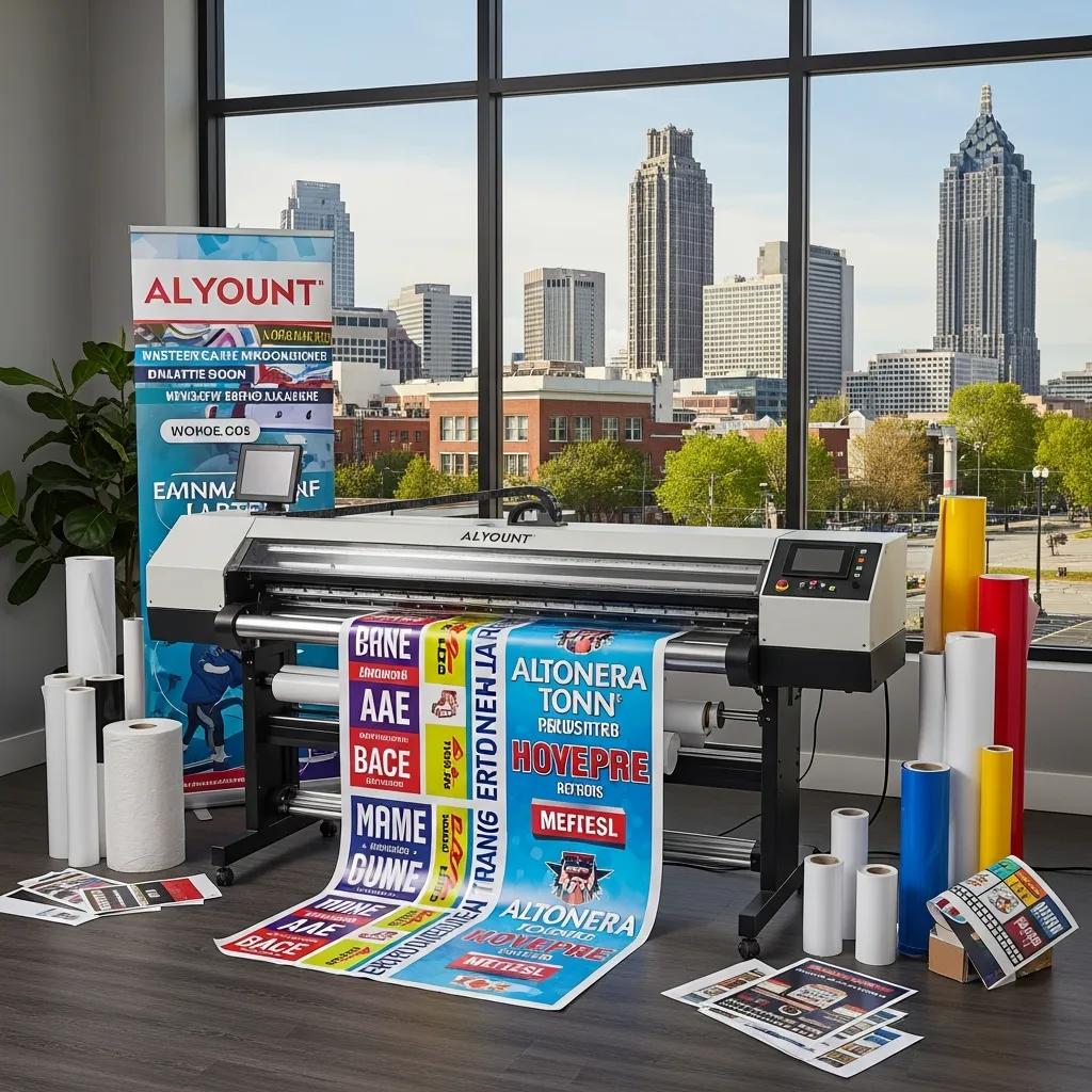 Large format printer producing colorful signage in an Atlanta business setting