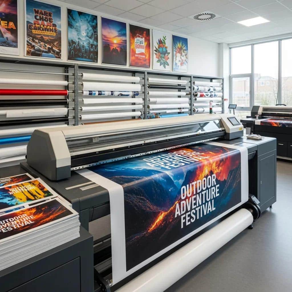 Large format printing setup with colorful banners and signage in a professional environment