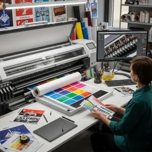 Large format printing setup with colorful signage and a designer reviewing prints