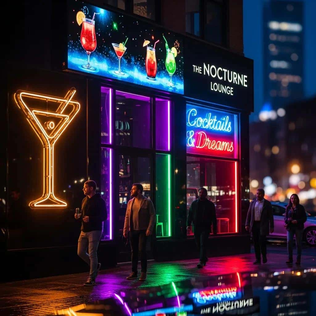 LED, neon, and backlit signs illuminating a storefront, showcasing effective business branding