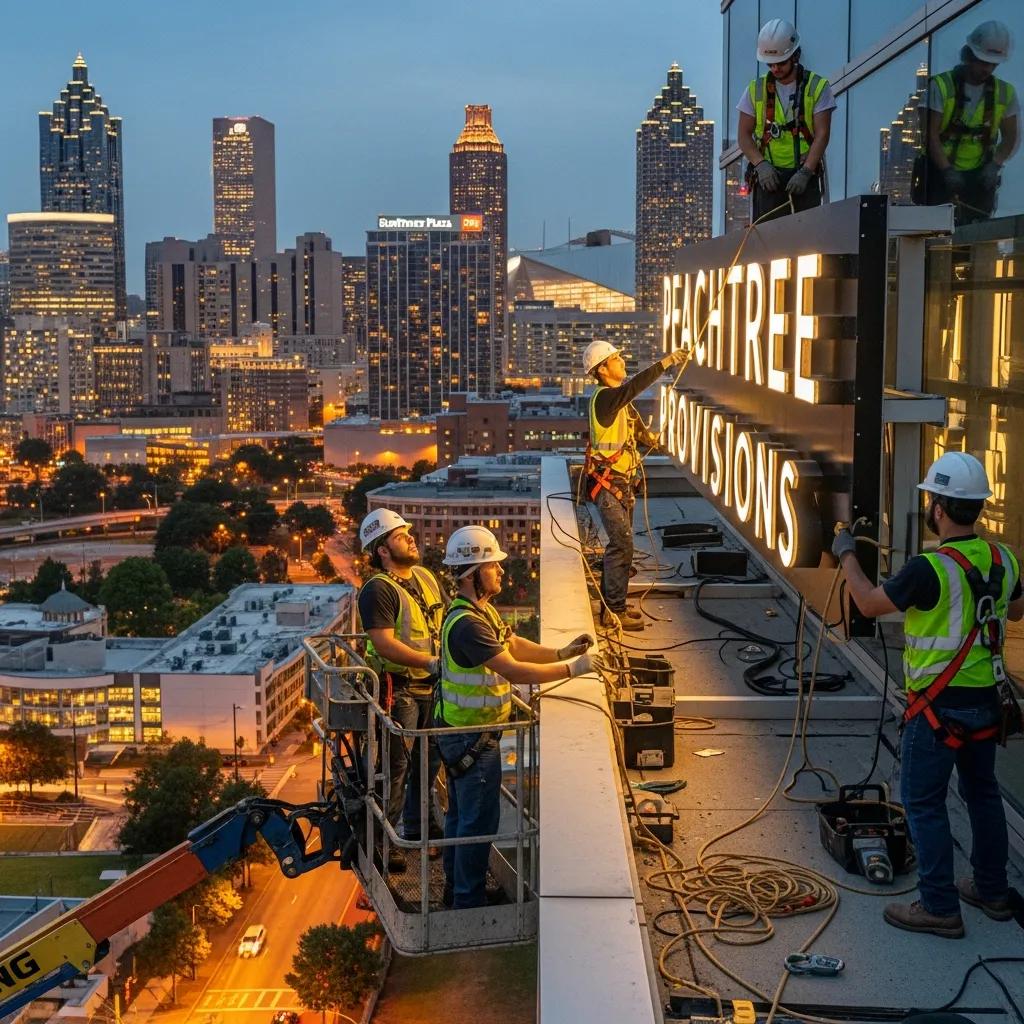 Local sign installation team working on a business sign with Atlanta skyline in the background