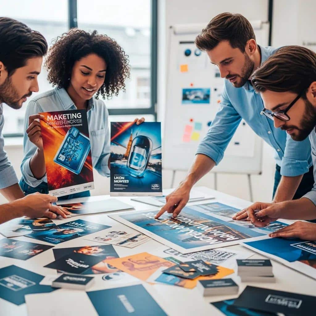 Marketing team examining high-quality printed materials in a bright office, highlighting the importance of quality printing