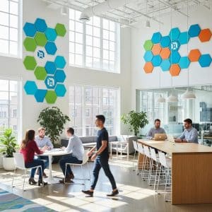 Modern office interior with vibrant environmental branding and custom wall graphics