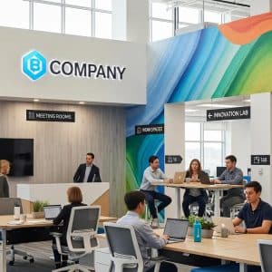 Modern office space featuring cohesive branding, environmental signage, and collaborative work areas, highlighting "Company" logo, meeting rooms, and innovation lab.