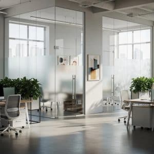 Modern office with frosted glass partitions enhancing privacy and aesthetics