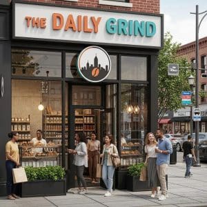 Modern storefront of "The Daily Grind" café in Atlanta, featuring effective signage and logo design, with people engaging outside.