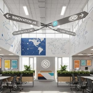 Office space with environmental graphics and branding elements enhancing corporate identity