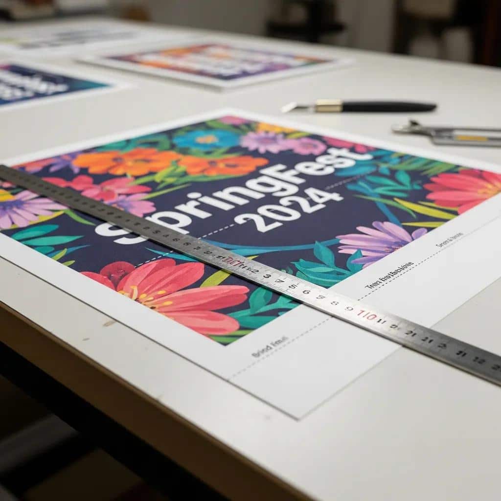 Printed sign showcasing bleed margins with a ruler in a print shop setting