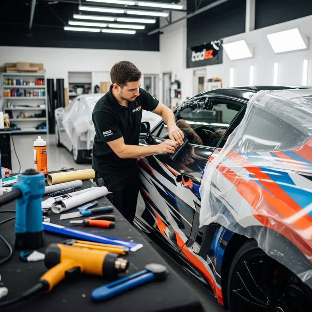 Professional applying a vehicle wrap to a car, showcasing effective installation techniques