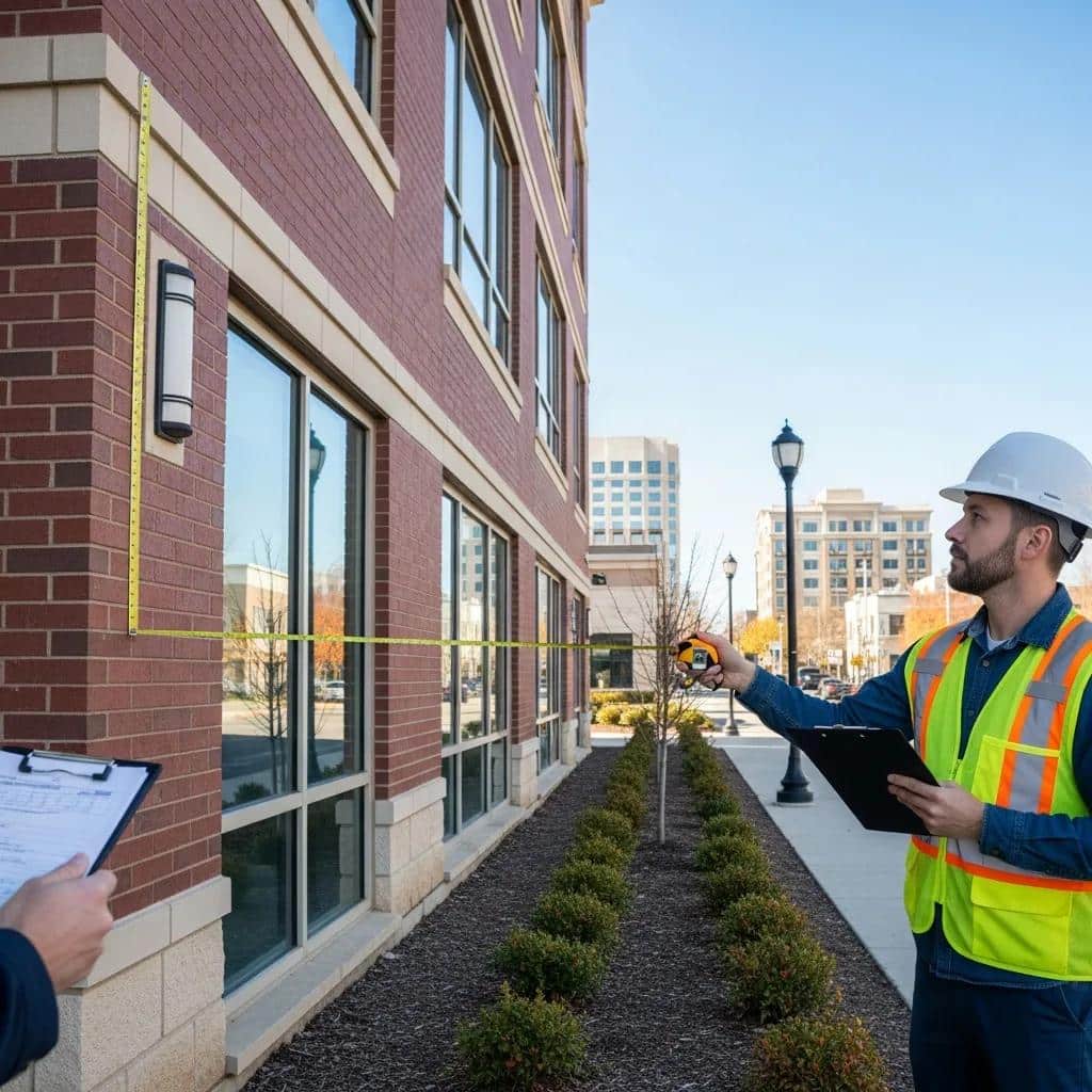 Professional conducting a site evaluation for sign installation, assessing visibility and surroundings