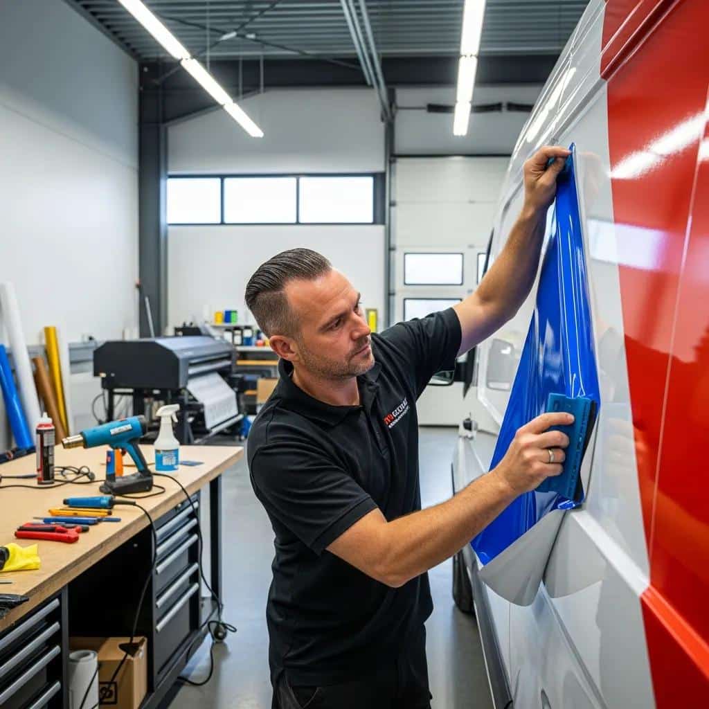 Professional installer applying a vehicle wrap to a van in a workshop