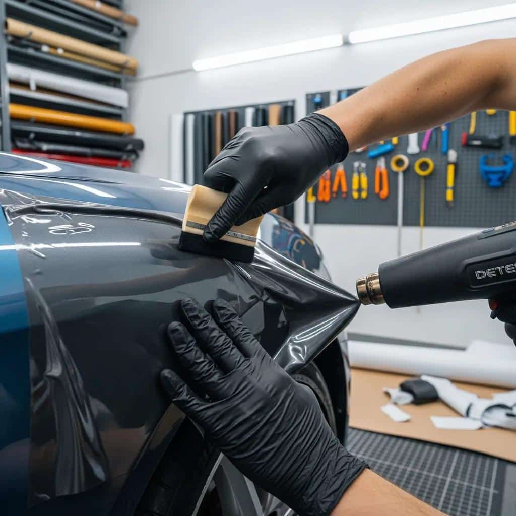 Professional installer applying a vinyl wrap to a vehicle, highlighting the importance of expert installation