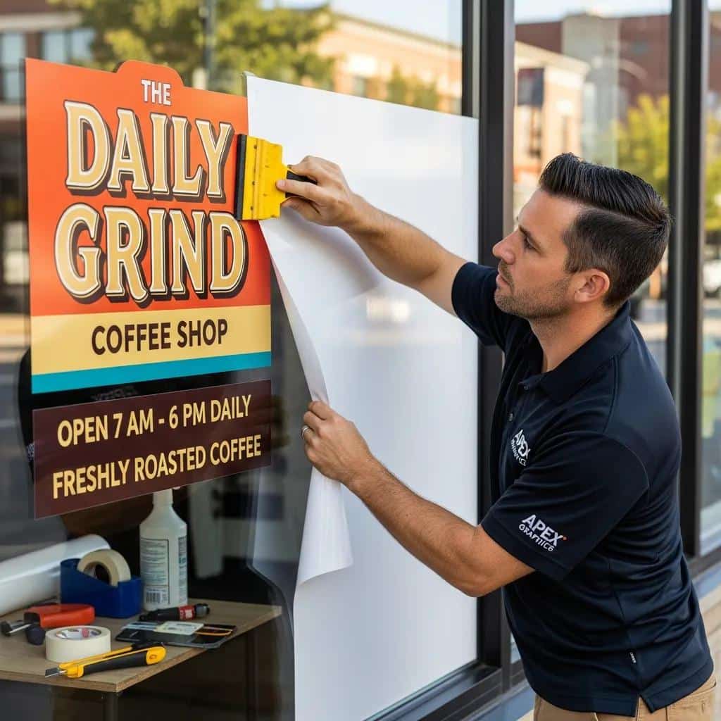 Professional installer applying cut vinyl graphics to a storefront window in Atlanta