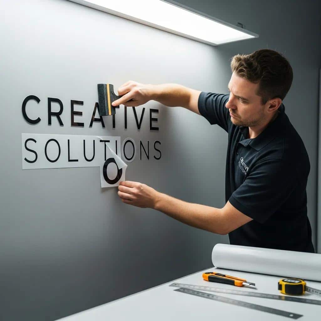 Professional installer applying cut vinyl lettering to a wall with precision