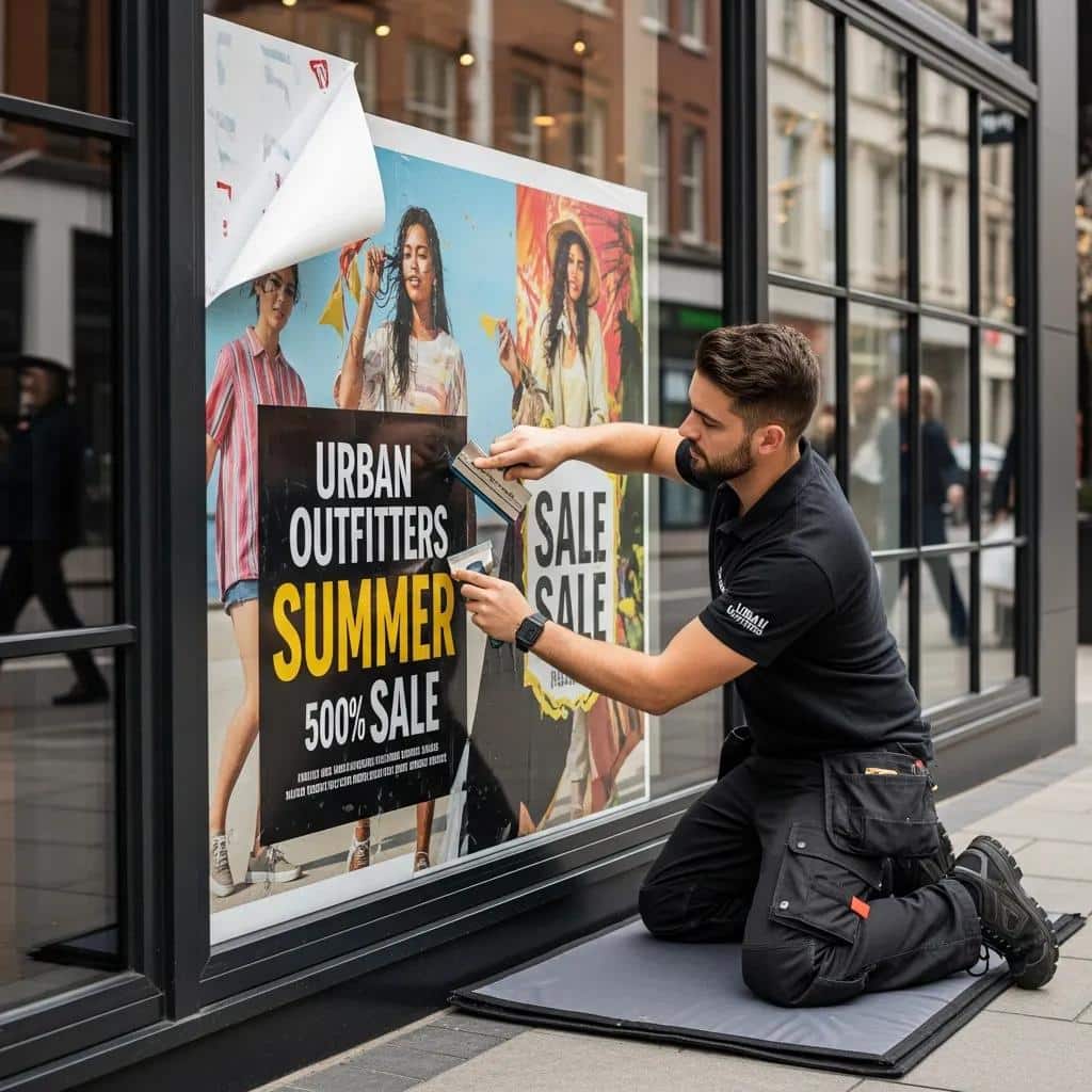 Professional installer applying window graphics to a storefront, showcasing installation techniques
