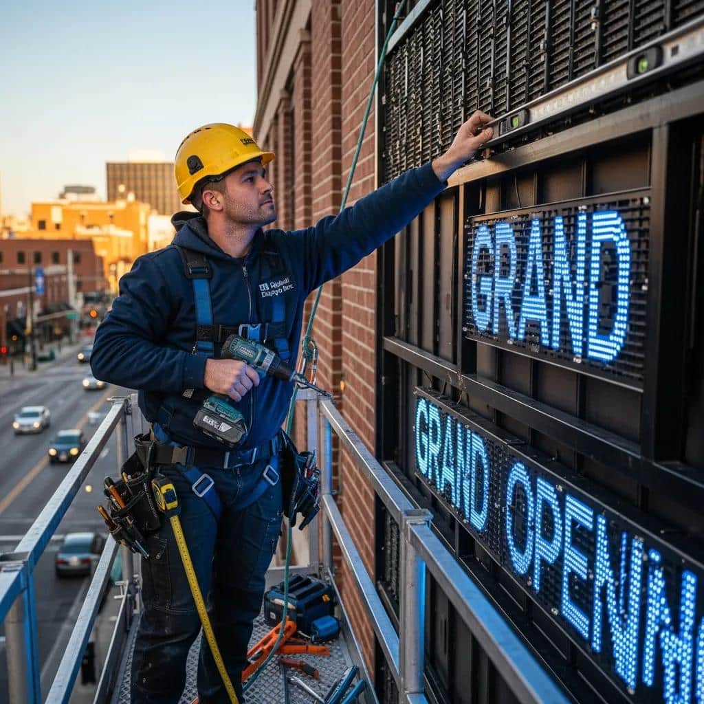 Professional installer working on LED sign installation, demonstrating safety and expertise