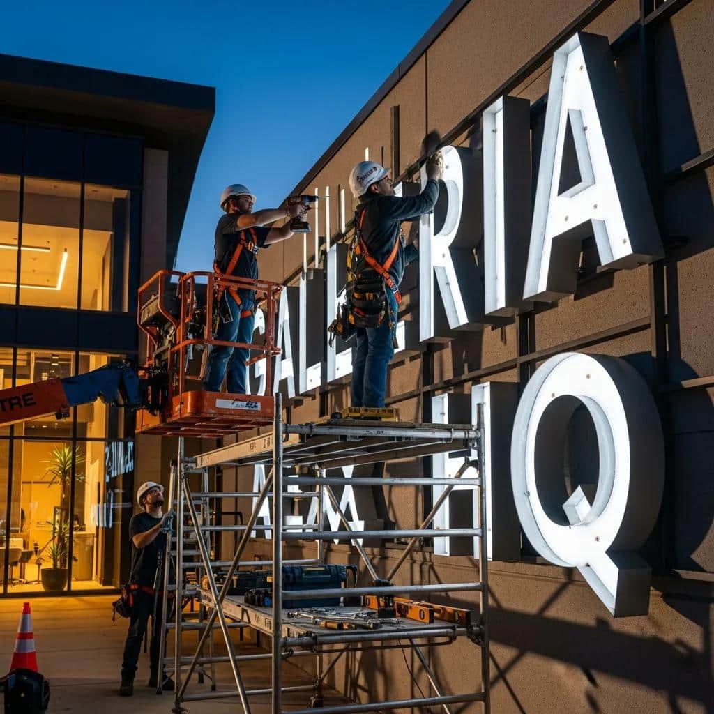 Professional installers mounting LED channel letters on a commercial building, showcasing the installation process