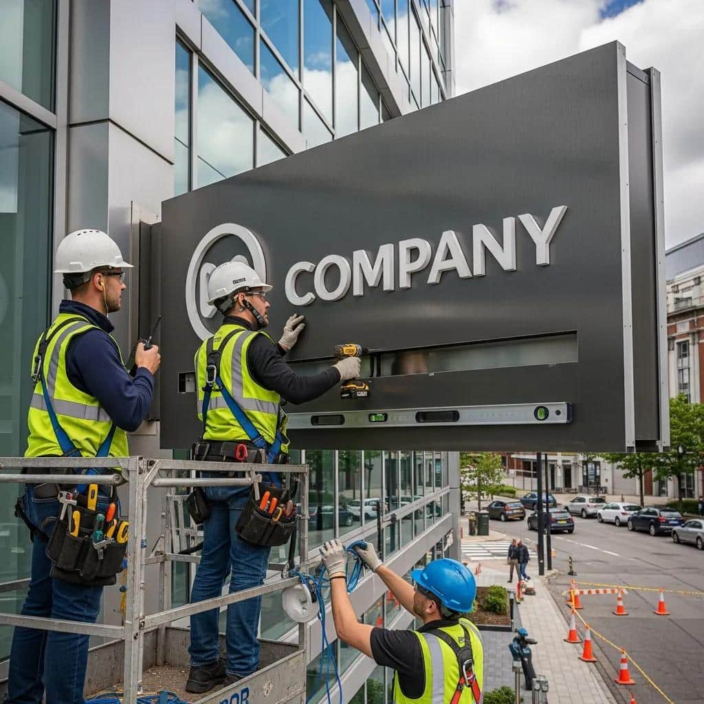 Professional installers placing a corporate sign, emphasizing the importance of proper installation