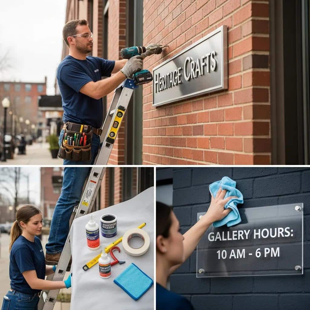 Professional installing metal and acrylic signage, demonstrating best practices for maintenance