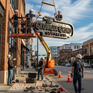 Professional sign installation team working on an outdoor sign in an urban setting