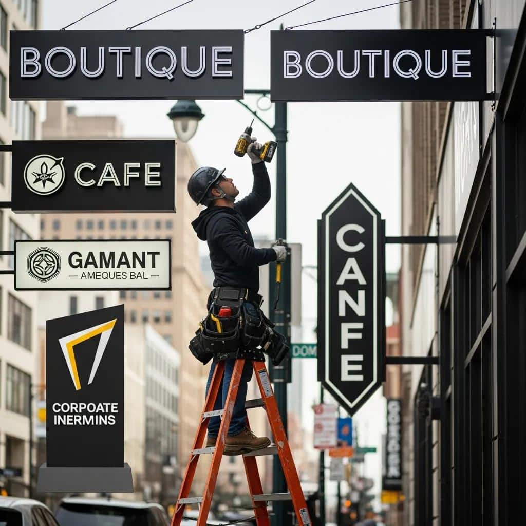 Professional sign installer working on various signage types in an urban environment