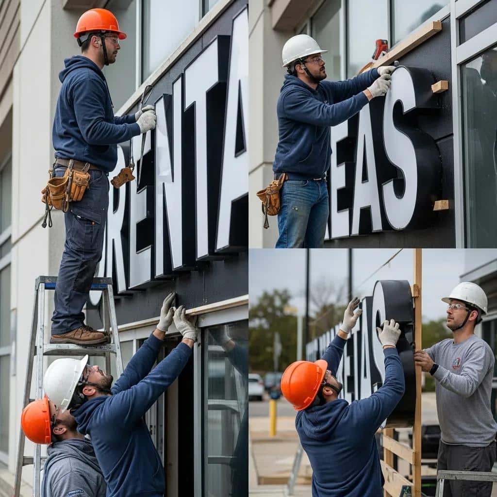 Professional team installing dimensional signage on a commercial building