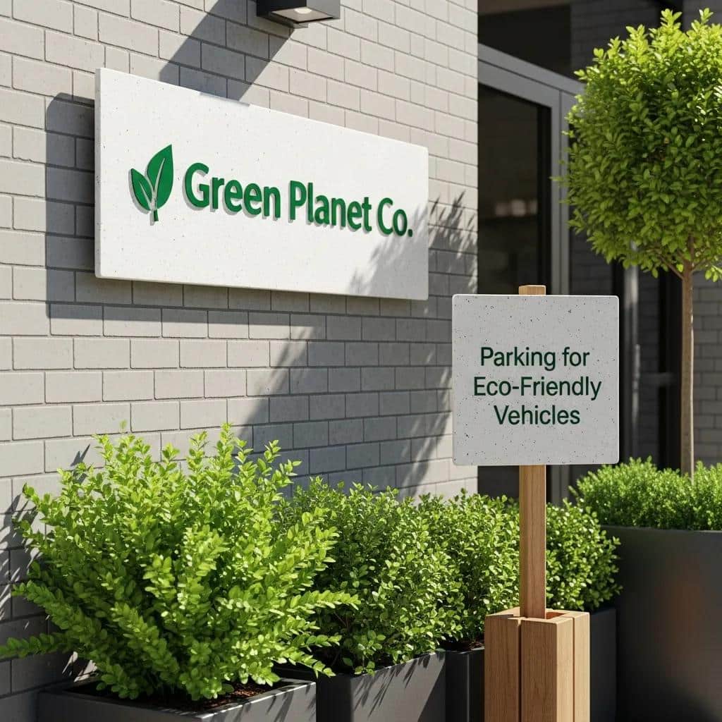 Recycled plastic signs displayed at a business, illustrating their durability and environmental benefits