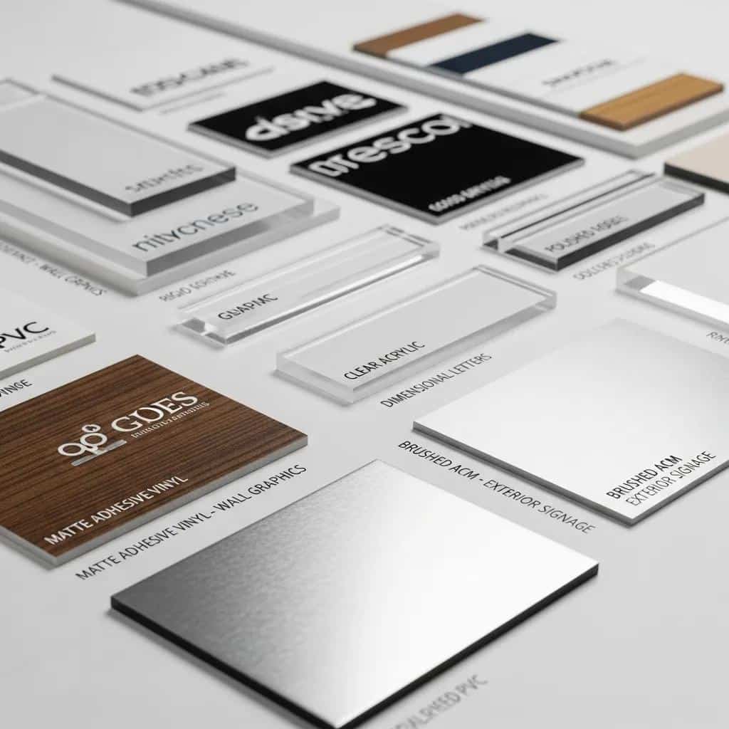 Samples of high-quality materials for durable environmental graphics in a professional setting