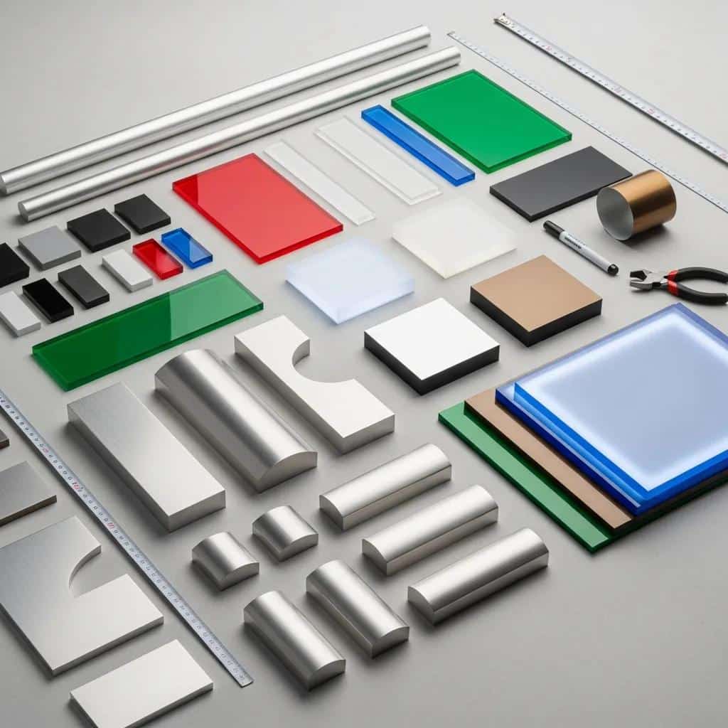 Samples of materials used for custom channel letters, including aluminum and acrylic, showcasing quality and versatility