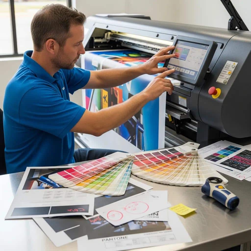 Technician ensuring accurate color matching in large format printing with color swatches and proofs