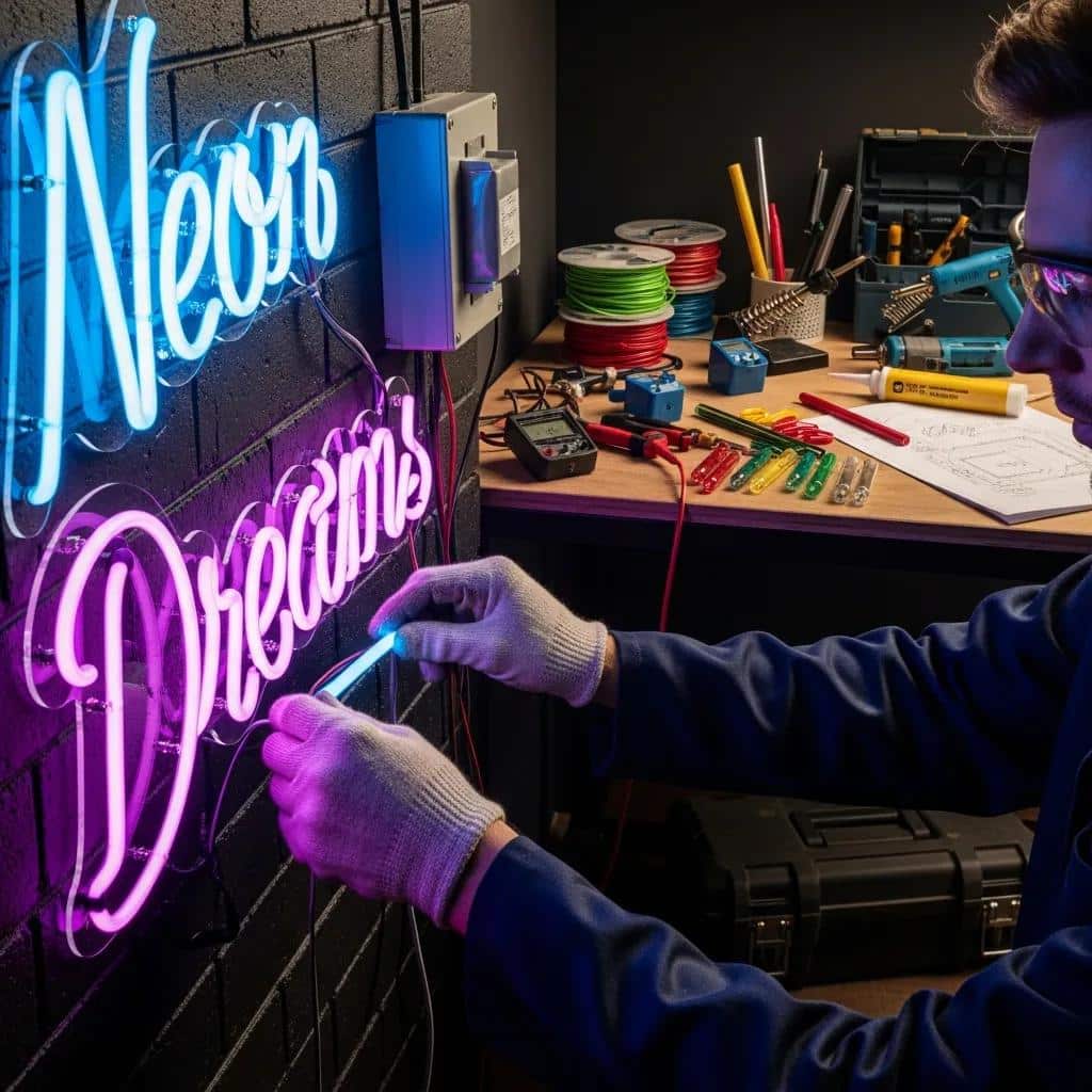 Technician installing a neon sign, highlighting the unique considerations for neon signage
