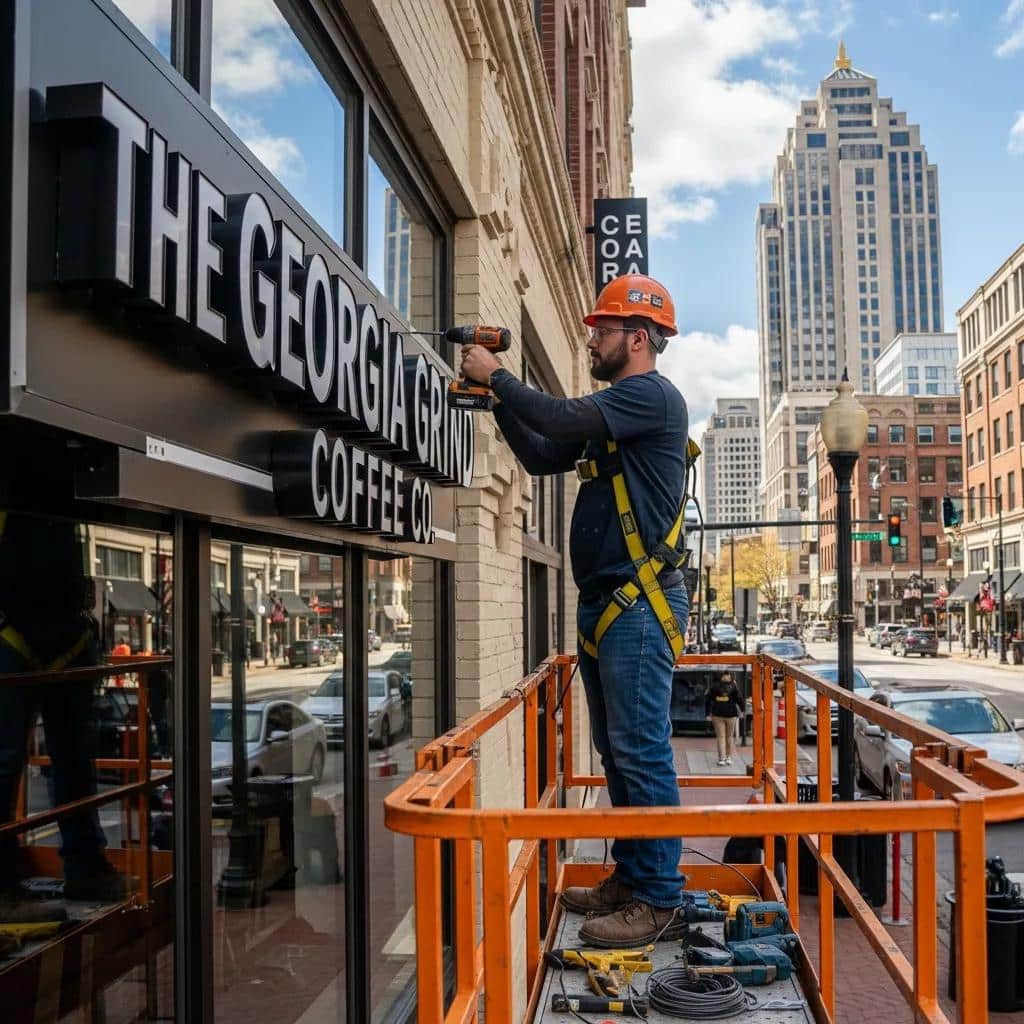 Technician installing an LED sign on a storefront in Atlanta