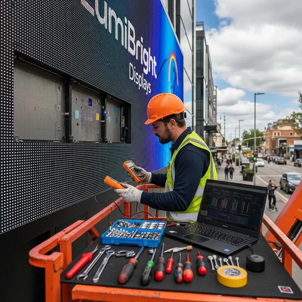 Technician performing maintenance on an LED sign outdoors