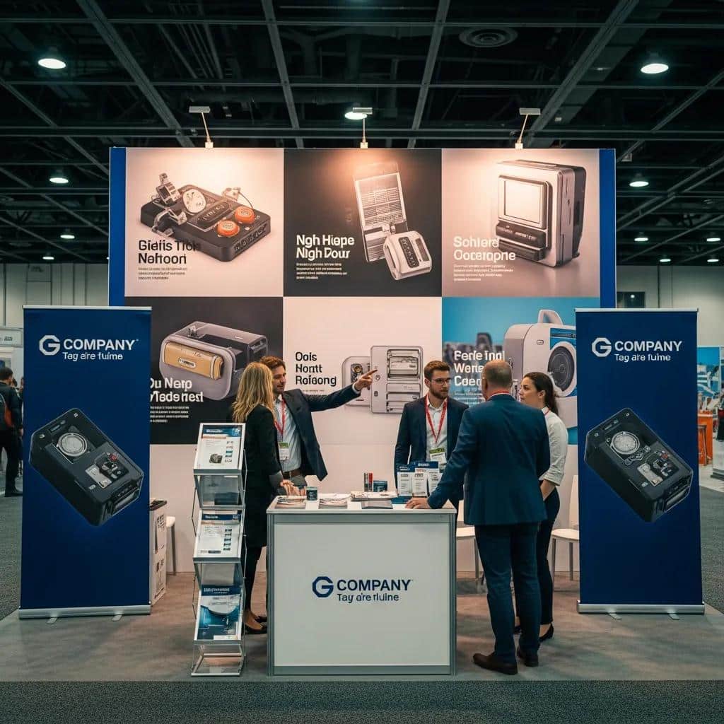 Trade show display with large format prints attracting attendees