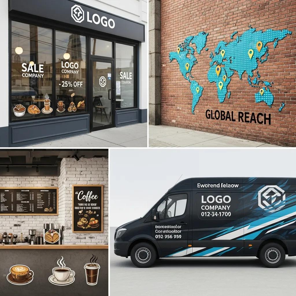 Variety of custom vinyl decal options for business signage, including window and vehicle graphics