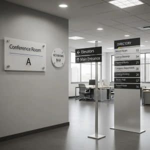 Various sign mounting methods displayed in a professional setting, highlighting wall and post installations