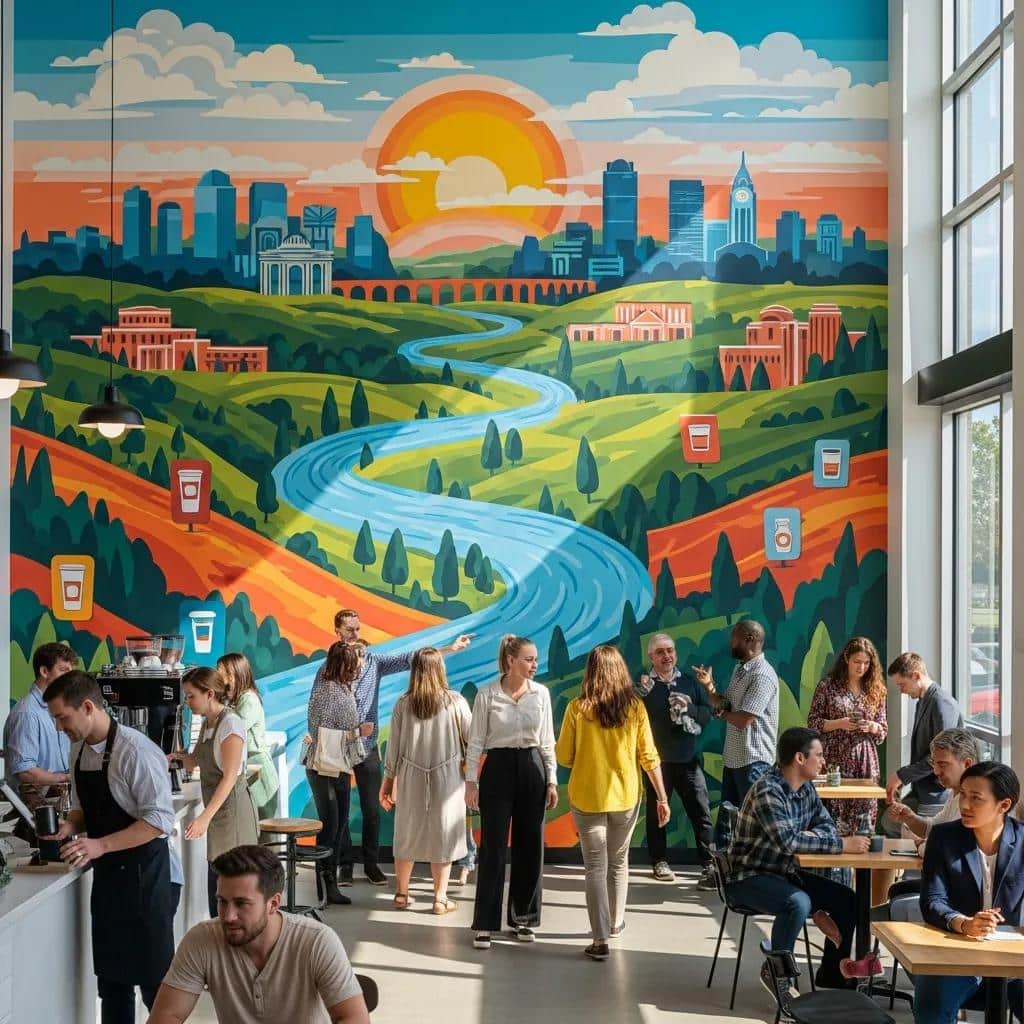 Vibrant commercial wall mural depicting local landscape enhancing customer experience
