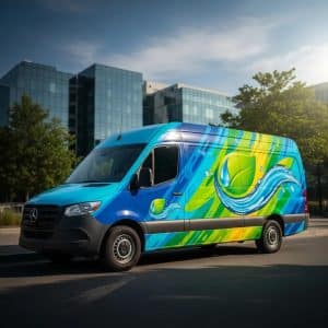Vibrant vehicle wrap showcasing business branding in an urban environment