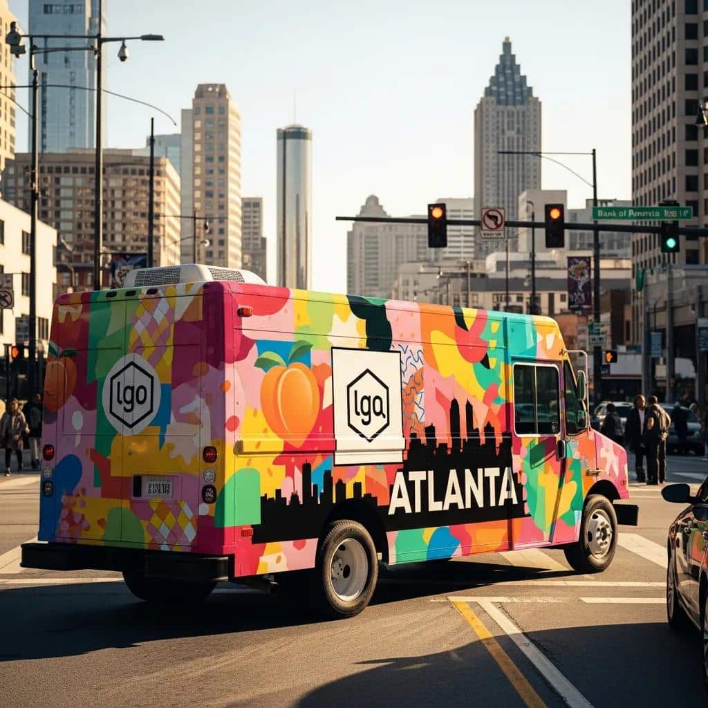 Vibrant vehicle wrap showcasing mobile branding in an urban Atlanta environment