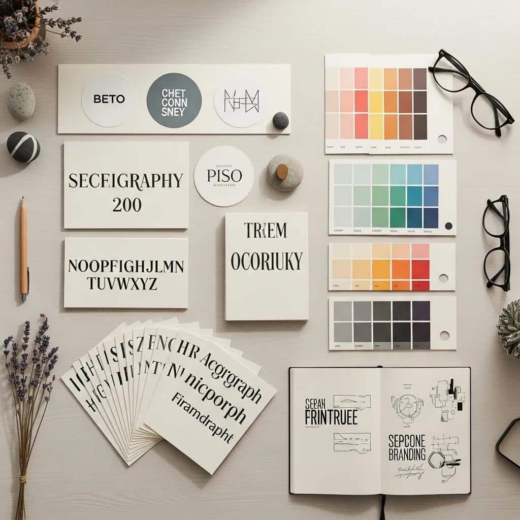 Visual branding elements including typography, color swatches, and logos for brand identity
