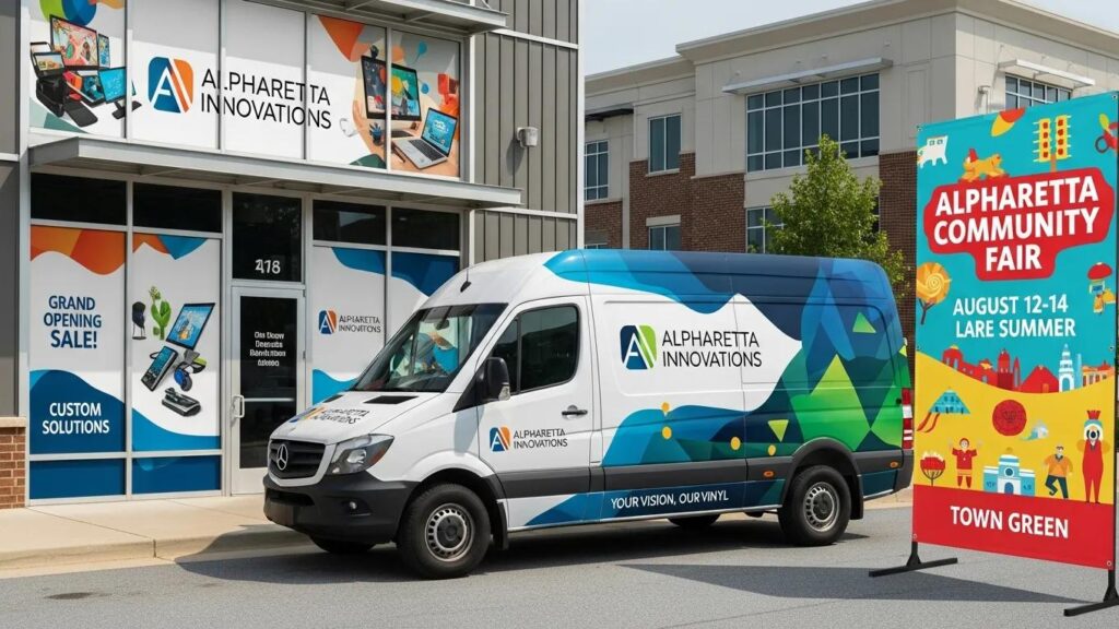 Diverse vinyl signs in a business environment in Alpharetta, showcasing branding solutions