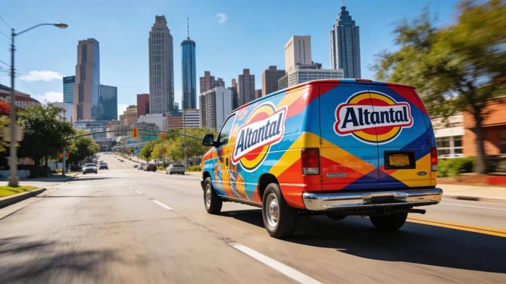 Custom vehicle wrap displaying vibrant graphics and local branding in Atlanta