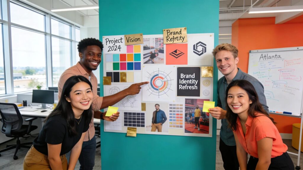 Collaborative branding team in an Atlanta agency brainstorming creative branding strategies