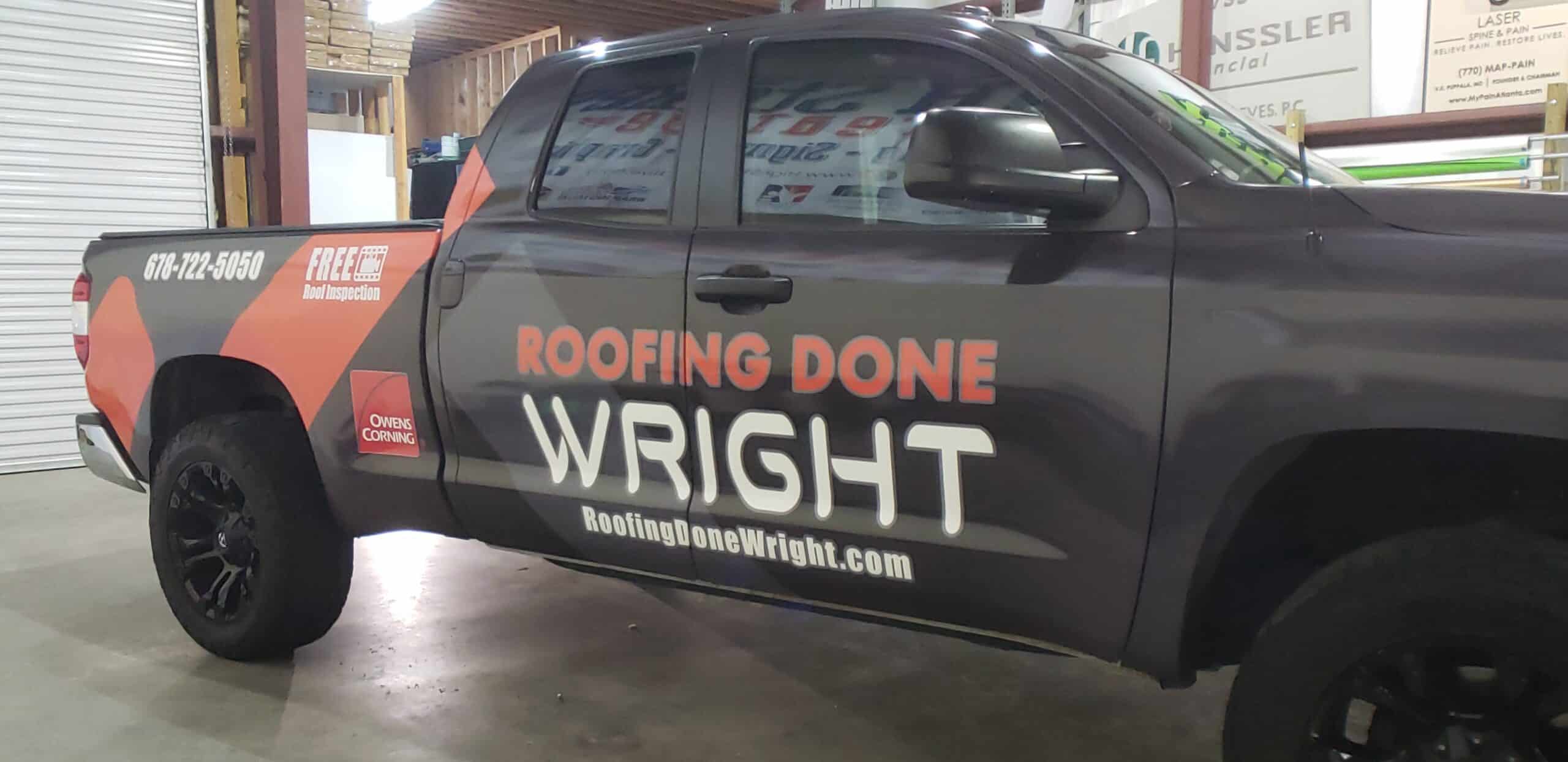 Roofing fleet truck wrap, Roofing Done Wright, Atlanta, GA, by High Stakes Creative