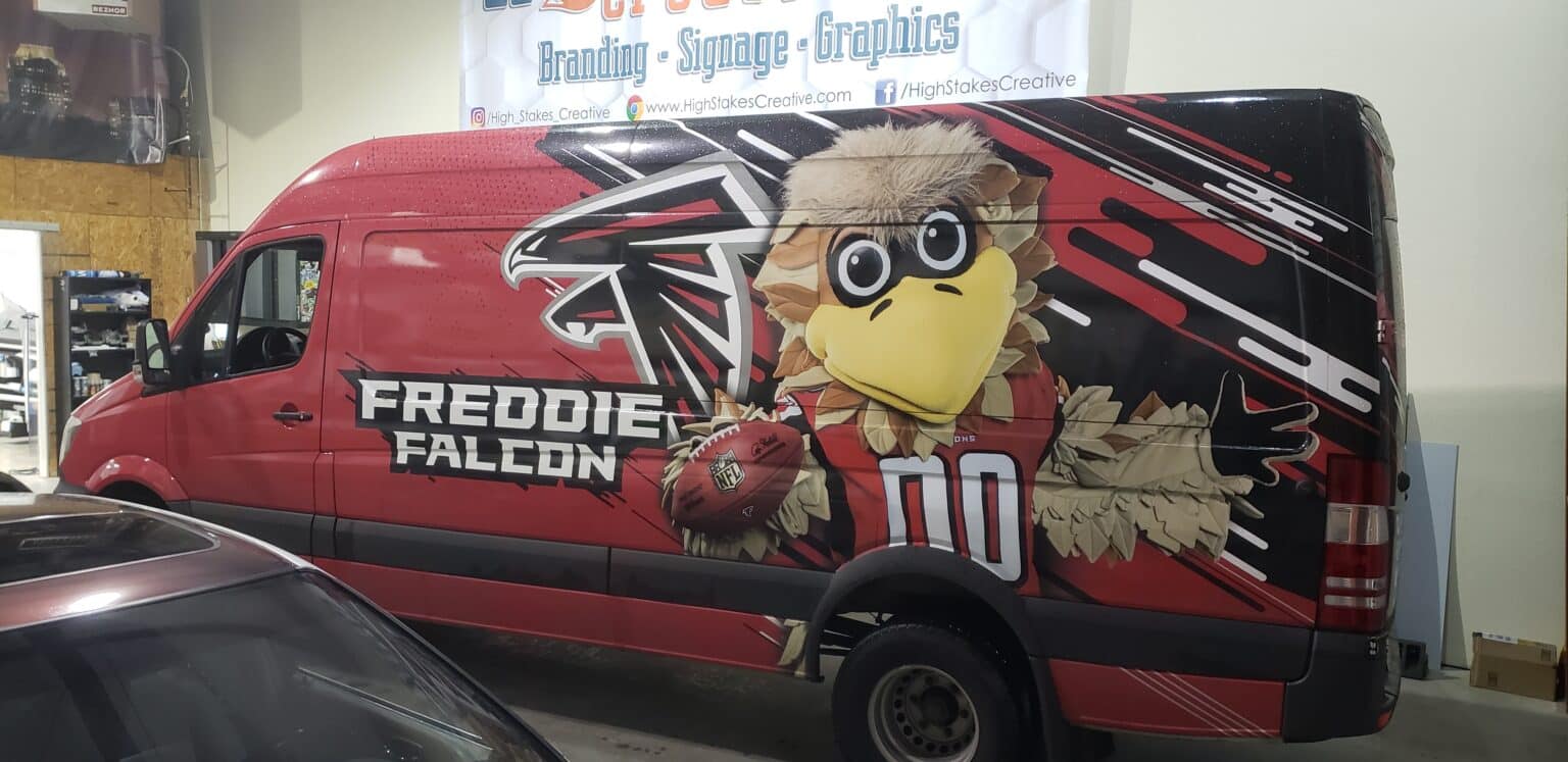 Freddie Falcon mascot van wrap, Atlanta Falcons, Atlanta, GA, by High Stakes Creative