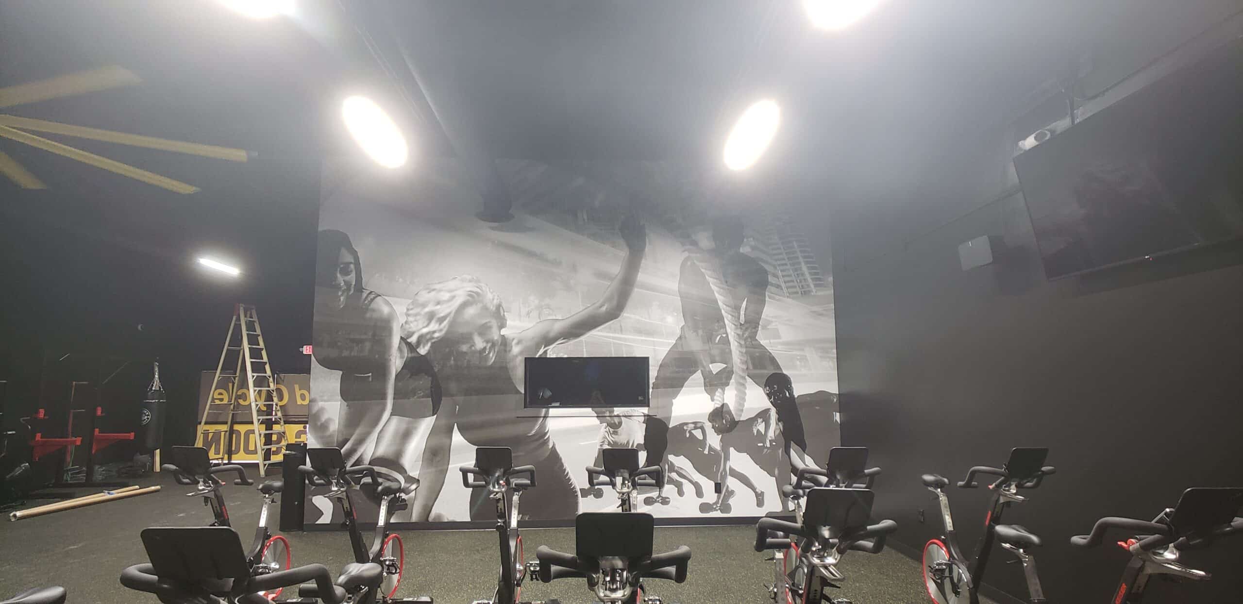 Spin studio wall mural, Twisted Cycle, Woodstock, GA, by High Stakes Creative