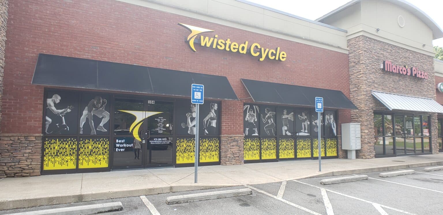 Storefront window graphics, Twisted Cycle, Woodstock, GA, by High Stakes Creative
