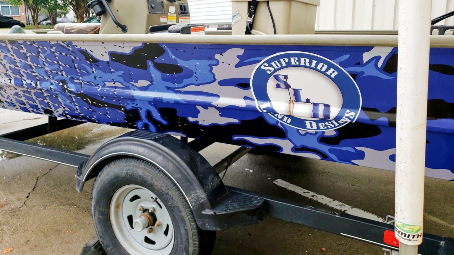 Custom camo boat wrap, by High Stakes Creative