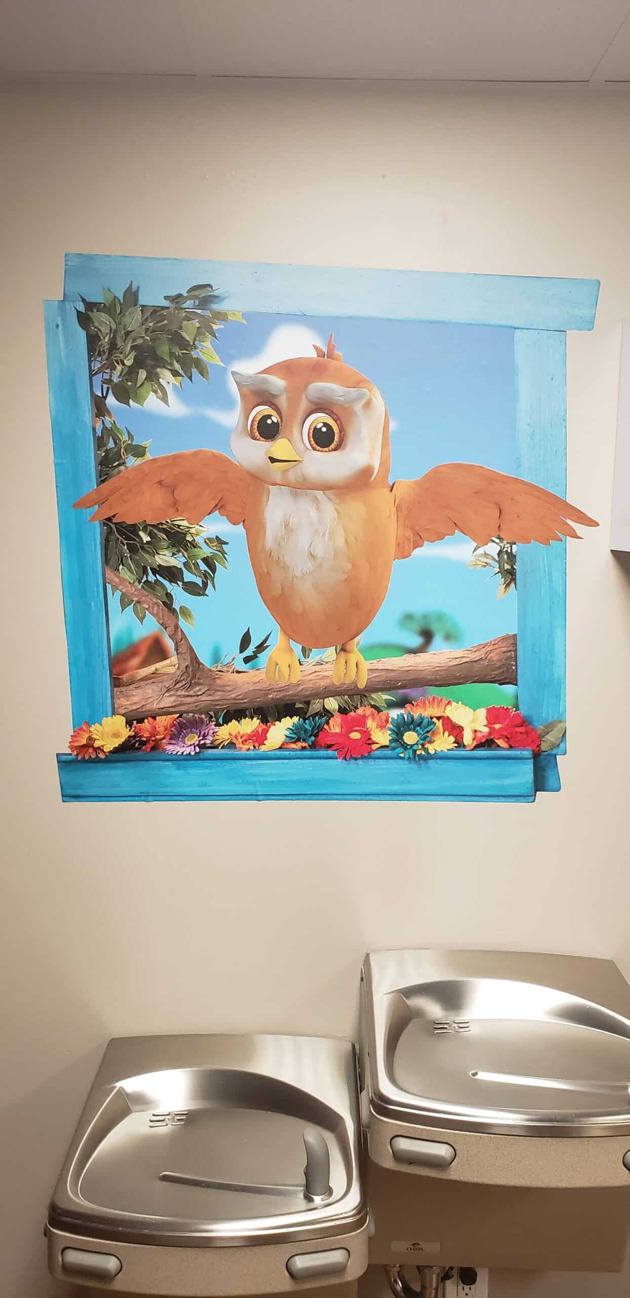 Owl window mural, Piedmont Kids, Marietta, GA, by High Stakes Creative